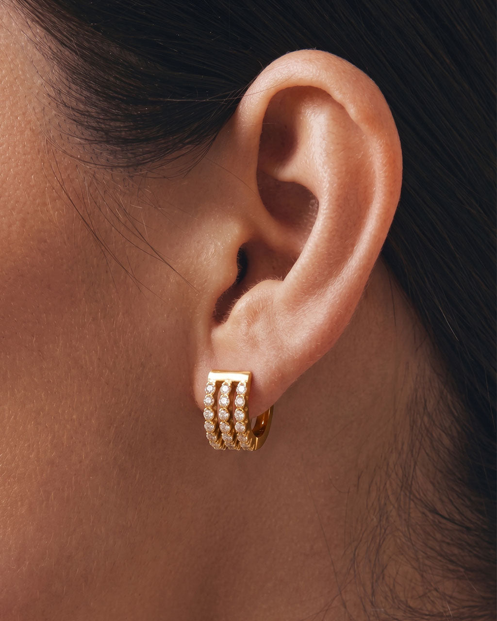 Chunky Triple Row Pavé Huggie Waterproof Gold Earrings