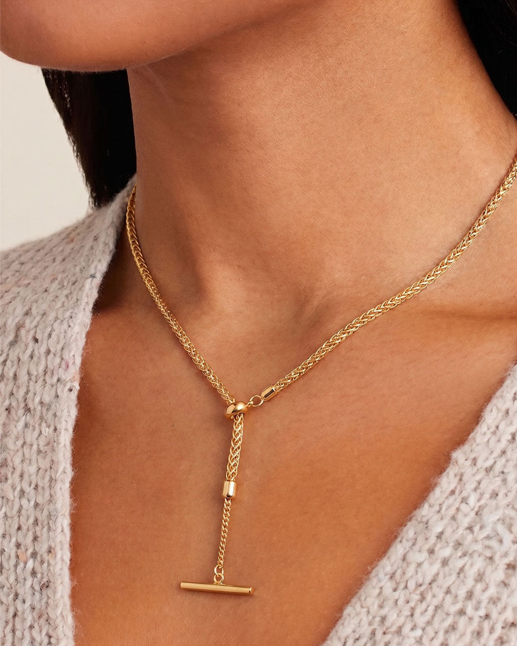 Chunky Wheat Chain T Bar Waterproof Gold Necklace