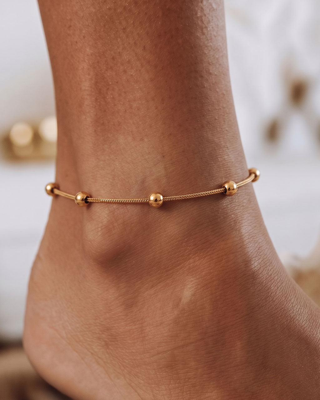 Classic Bead Herringbone Chain Waterproof Gold Anklet