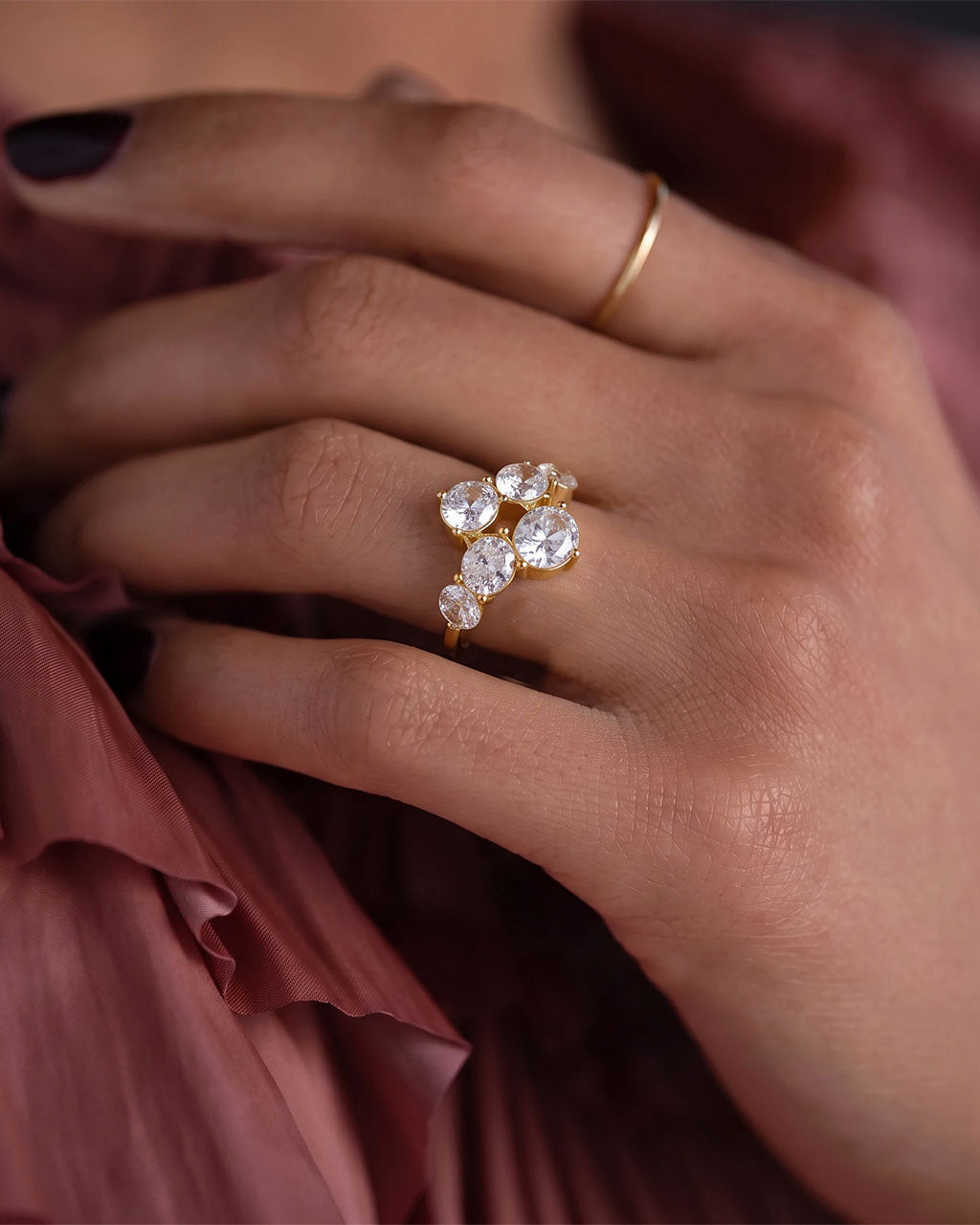 Clustered Six Stone Open Wrap Waterproof Gold Ring
