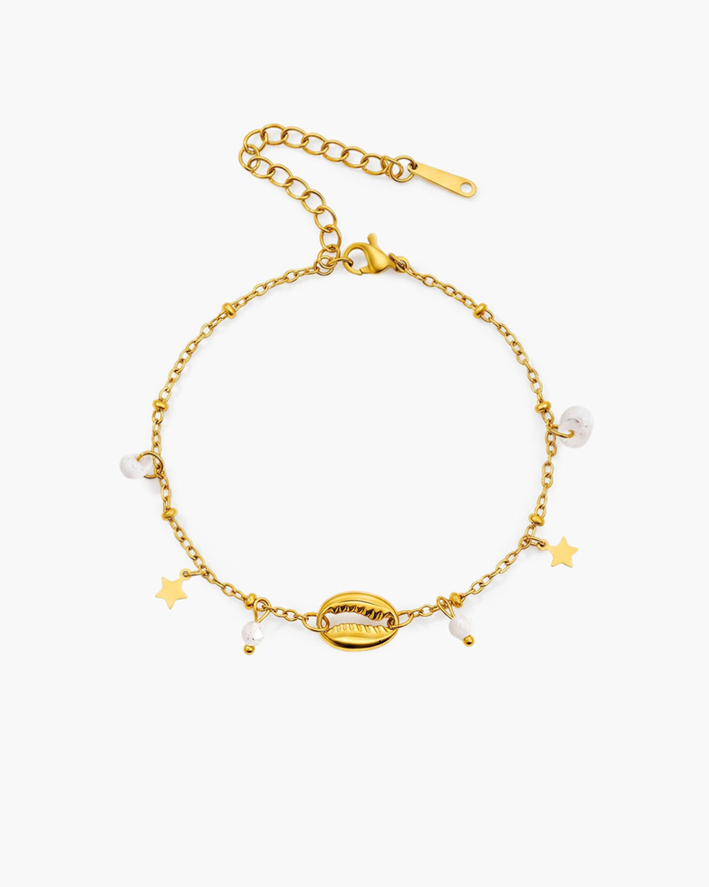 Coastal Pearl & Shell Charm Waterproof Gold Bracelet