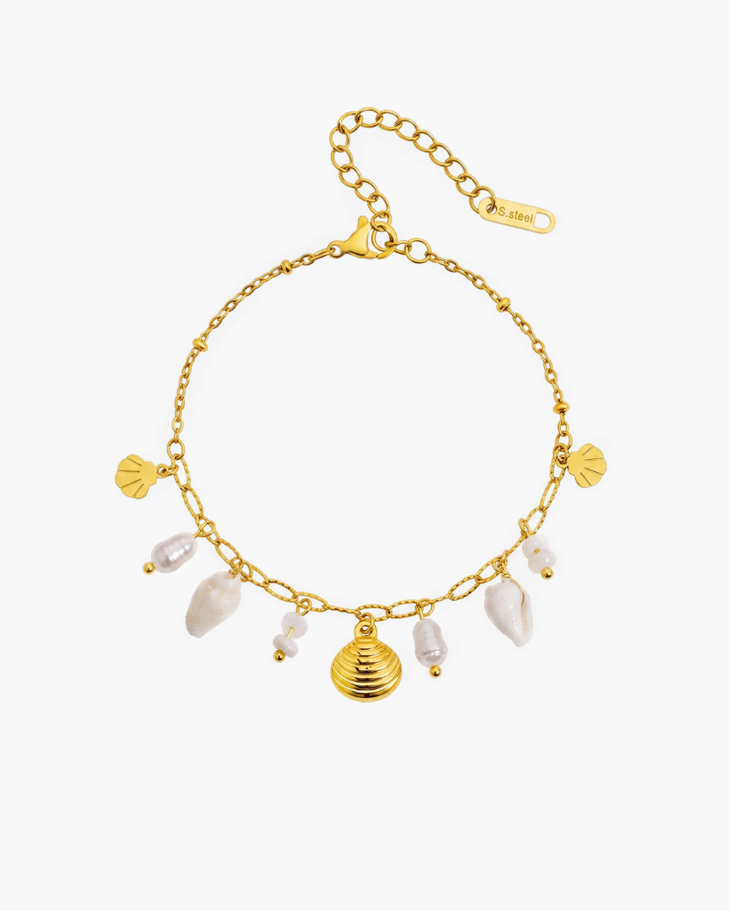 Coastal Pearl & Shell Charm Waterproof Gold Bracelet
