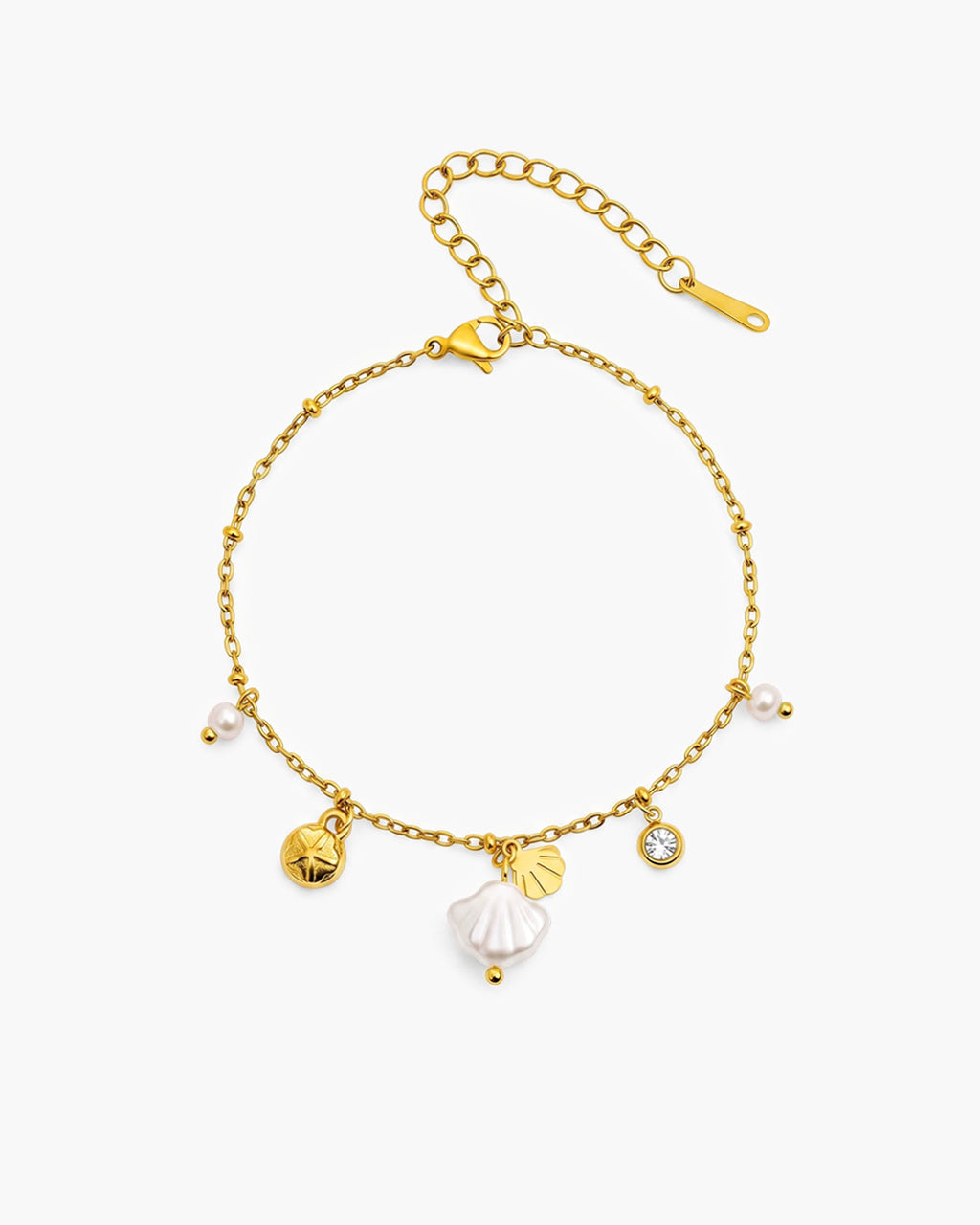 Coastal Pearl & Shell Charm Waterproof Gold Bracelet