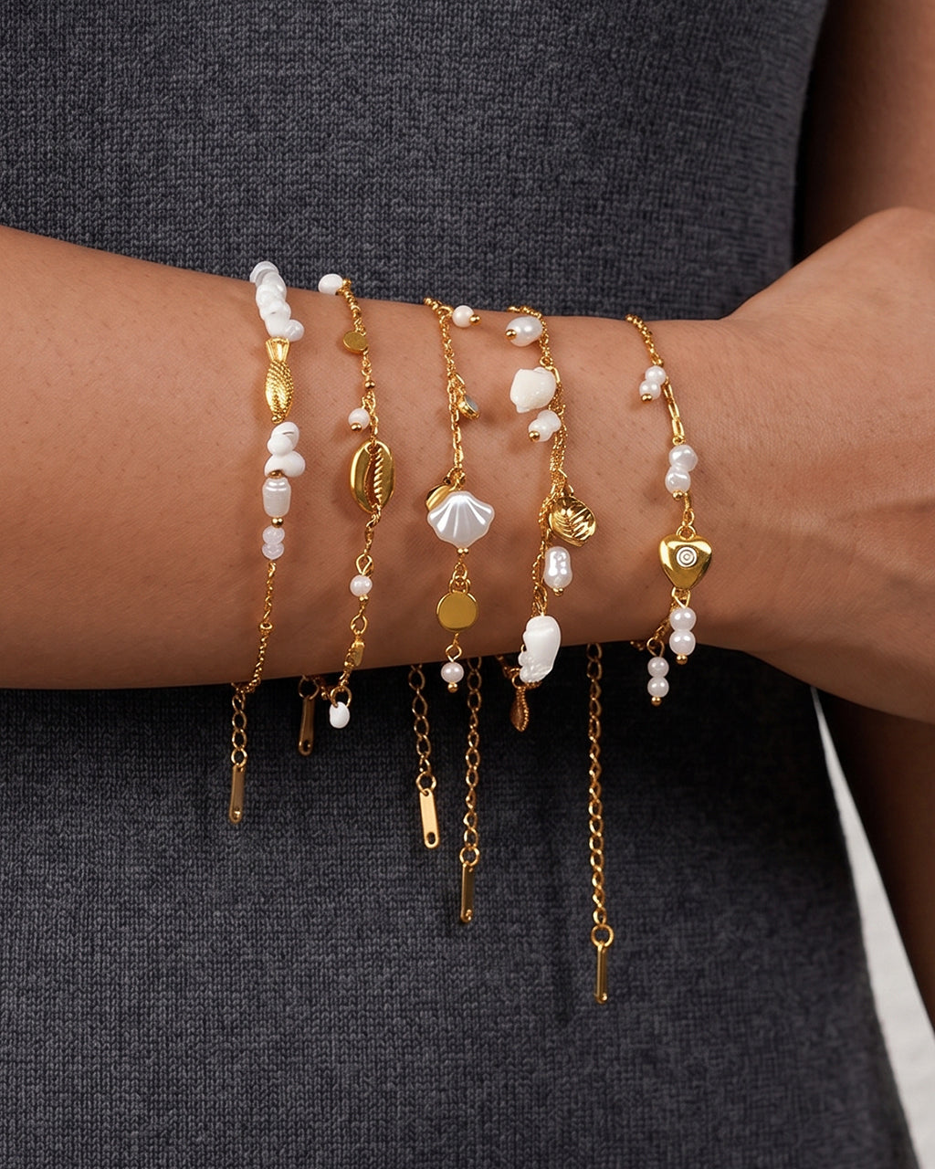 Coastal Pearl & Shell Charm Waterproof Gold Bracelet