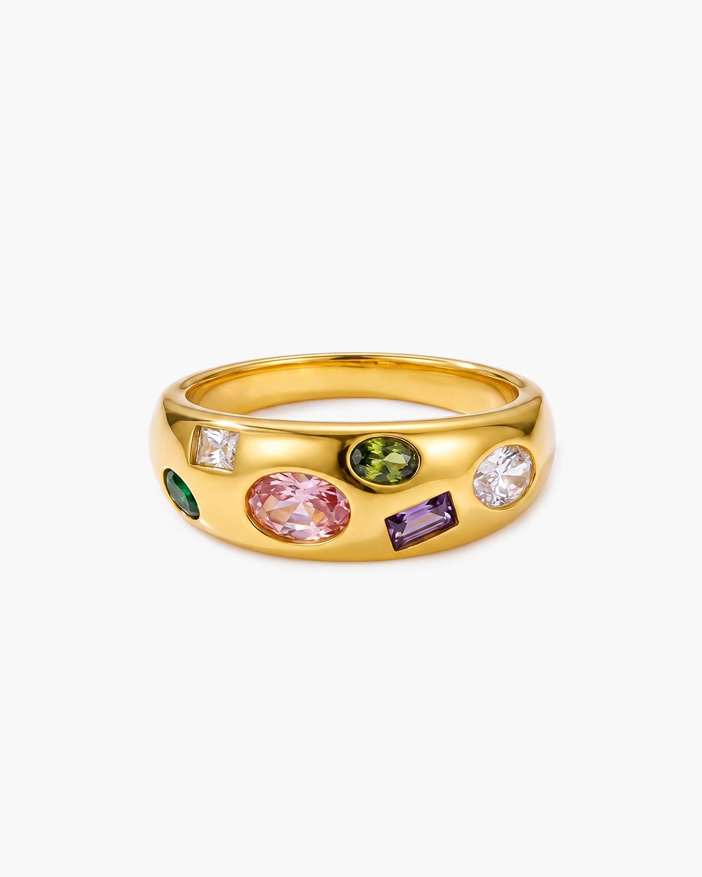 Colorful Mixed Cut Stone Dome Waterproof Gold Ring