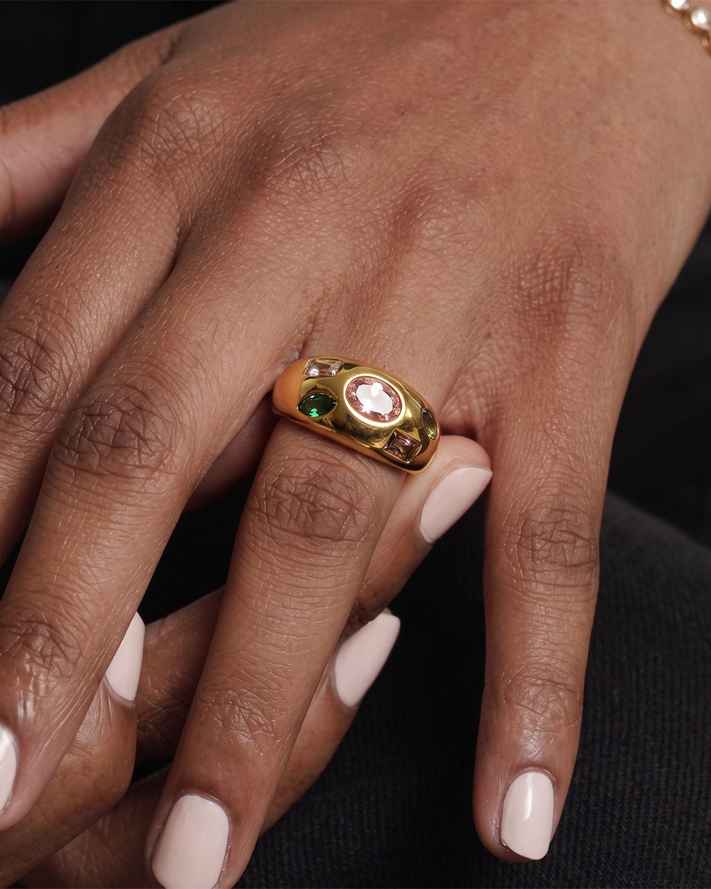 Colorful Mixed Cut Stone Dome Waterproof Gold Ring