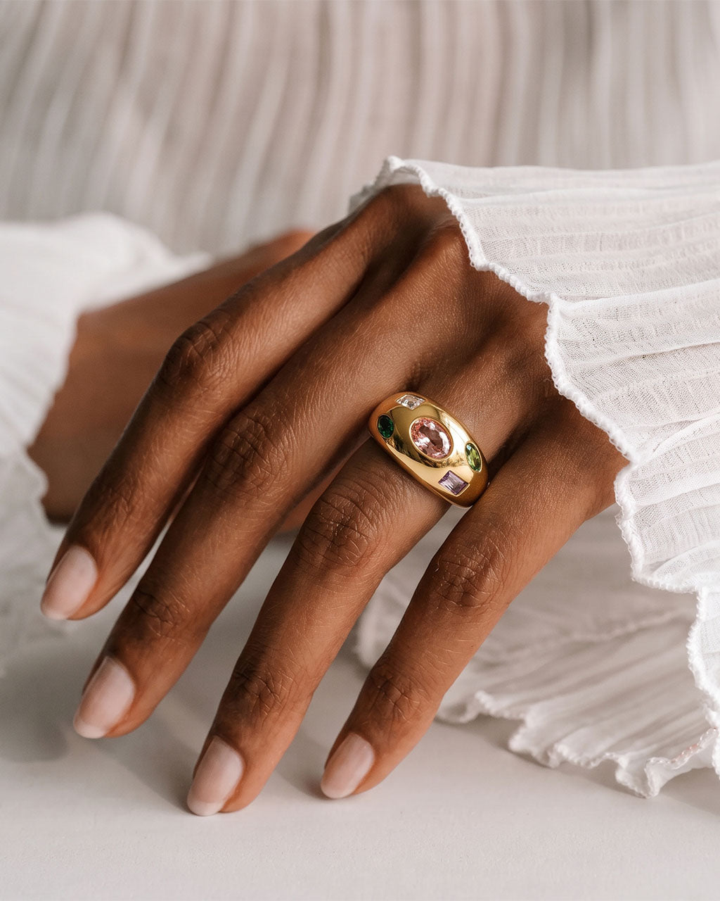 Colorful Mixed Cut Stone Dome Waterproof Gold Ring
