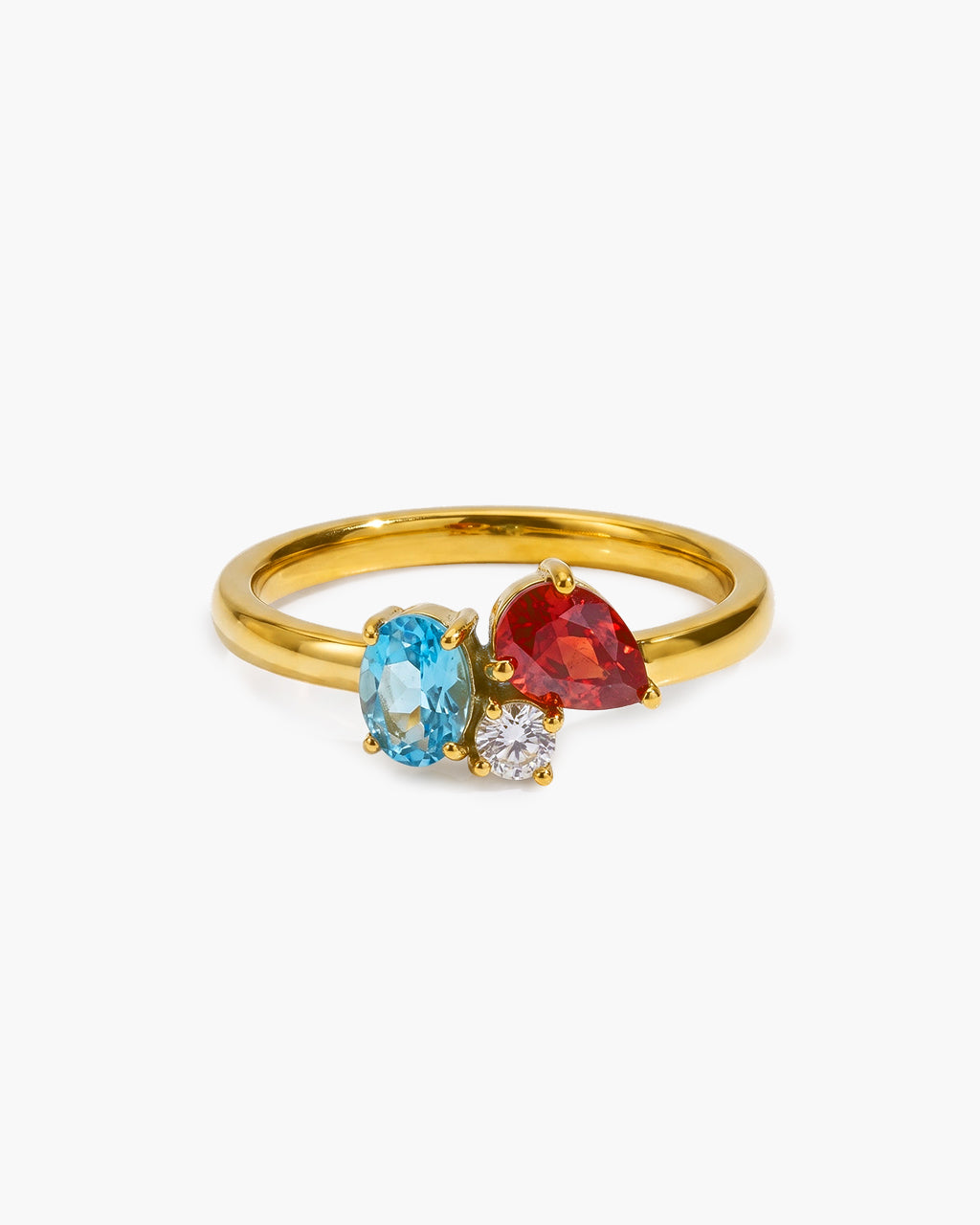 Colorful Mixed Cut Three Stone Waterproof Gold Ring