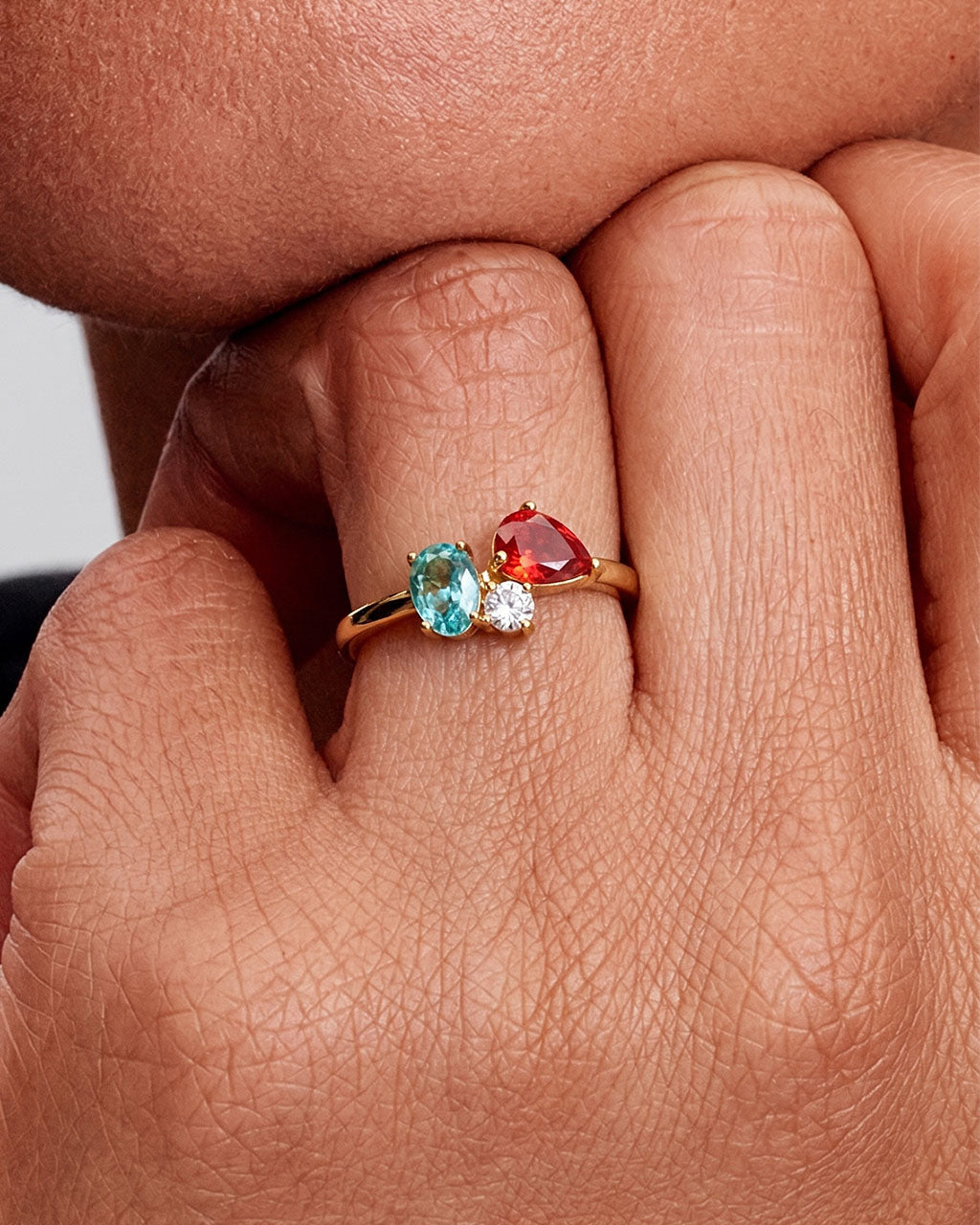 Colorful Mixed Cut Three Stone Waterproof Gold Ring