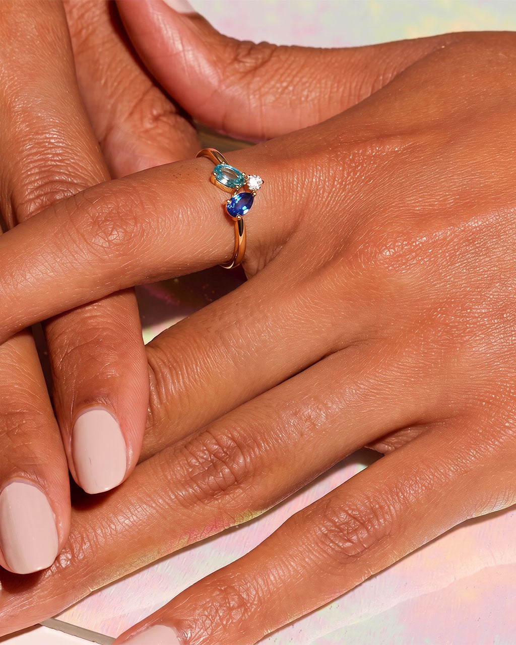 Colorful Mixed Cut Three Stone Waterproof Gold Ring