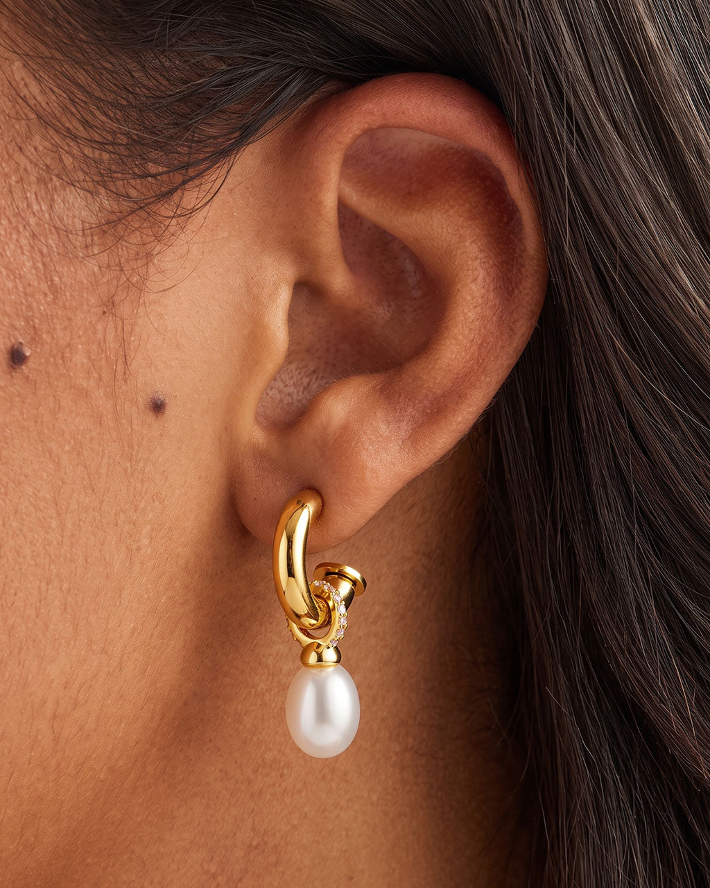 Convertible Pearl Drop Hoop Waterproof Gold Earrings