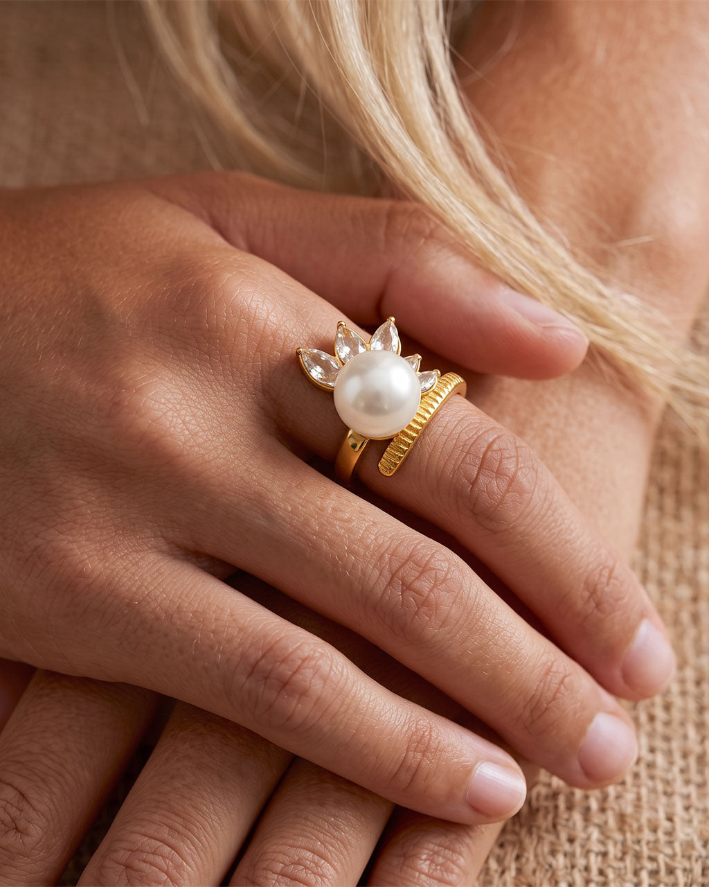 Crowned Pearl Statement Wrap Waterproof Gold Ring