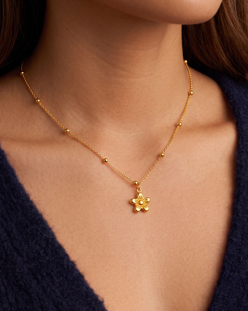 Cute Flower Beaded Station Waterproof Gold Necklace