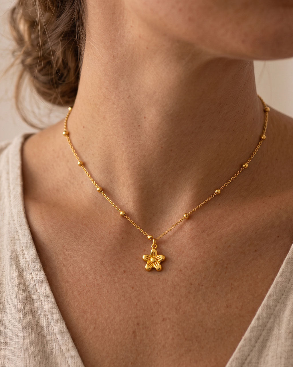 Cute Flower Beaded Station Waterproof Gold Necklace