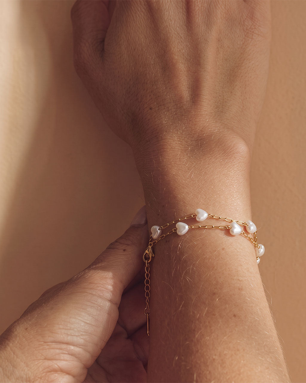Cute Heart Pearl Double Chain Waterproof Gold Bracelet