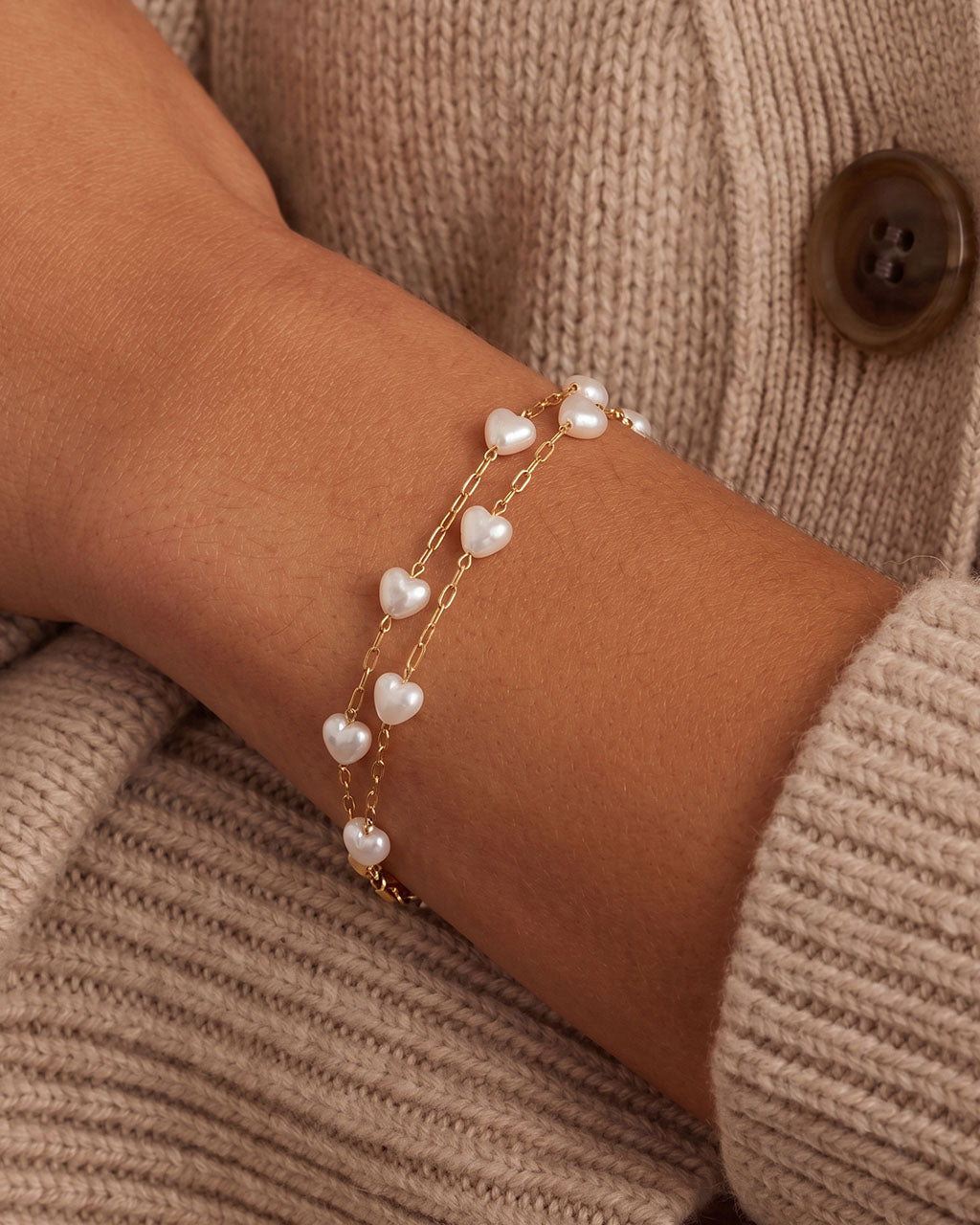 Cute Heart Pearl Double Chain Waterproof Gold Bracelet