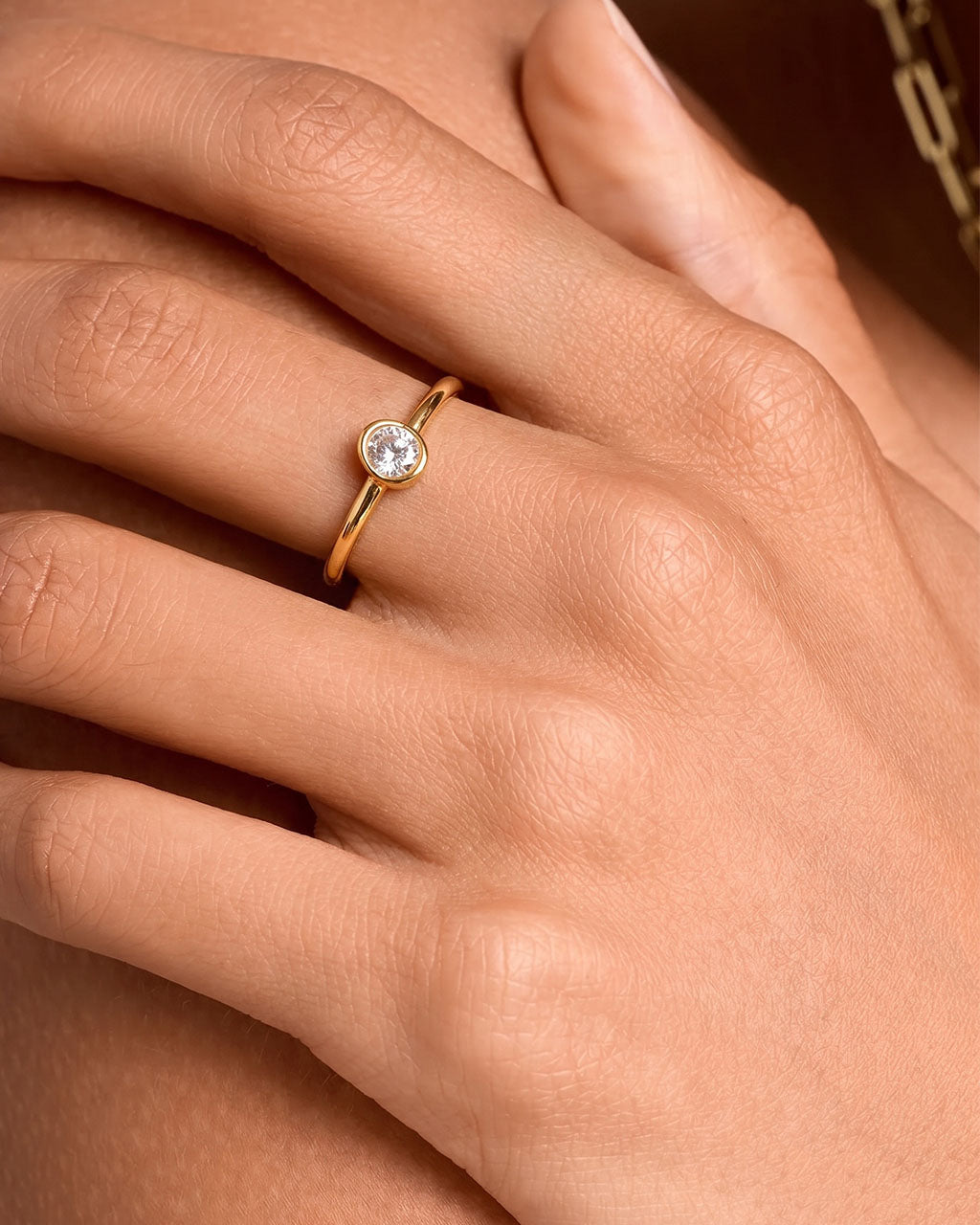 Dainty Bezel Set Pebble Solitaire Waterproof Gold Ring