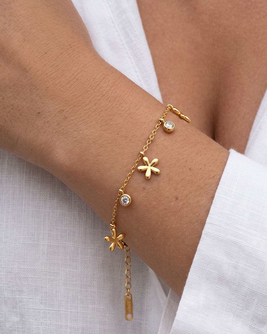 Dainty Floral Sparkle Charm Waterproof Gold Bracelet