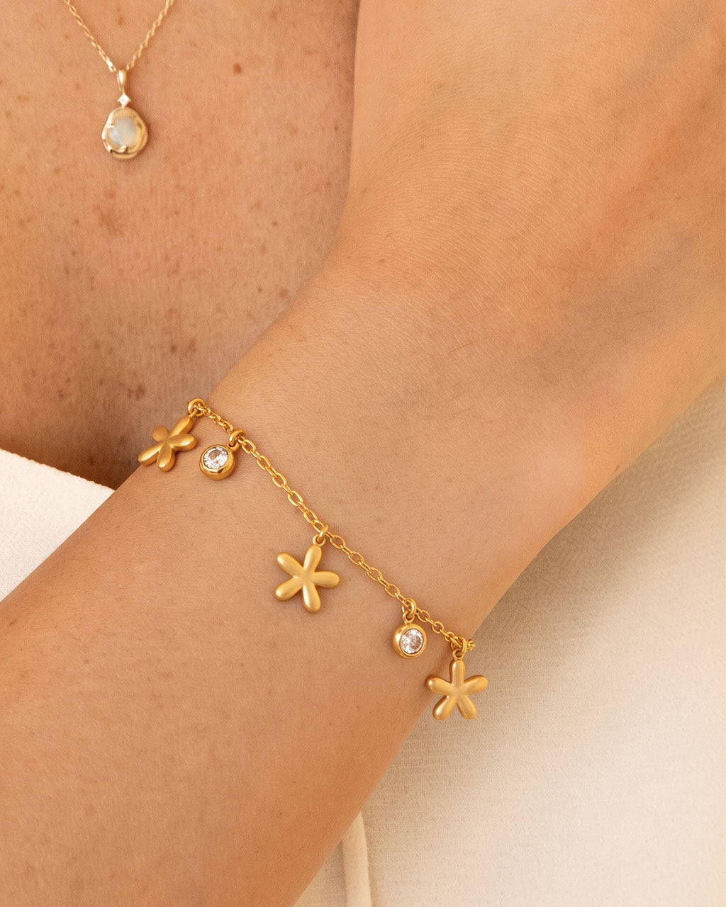 Dainty Floral Sparkle Charm Waterproof Gold Bracelet