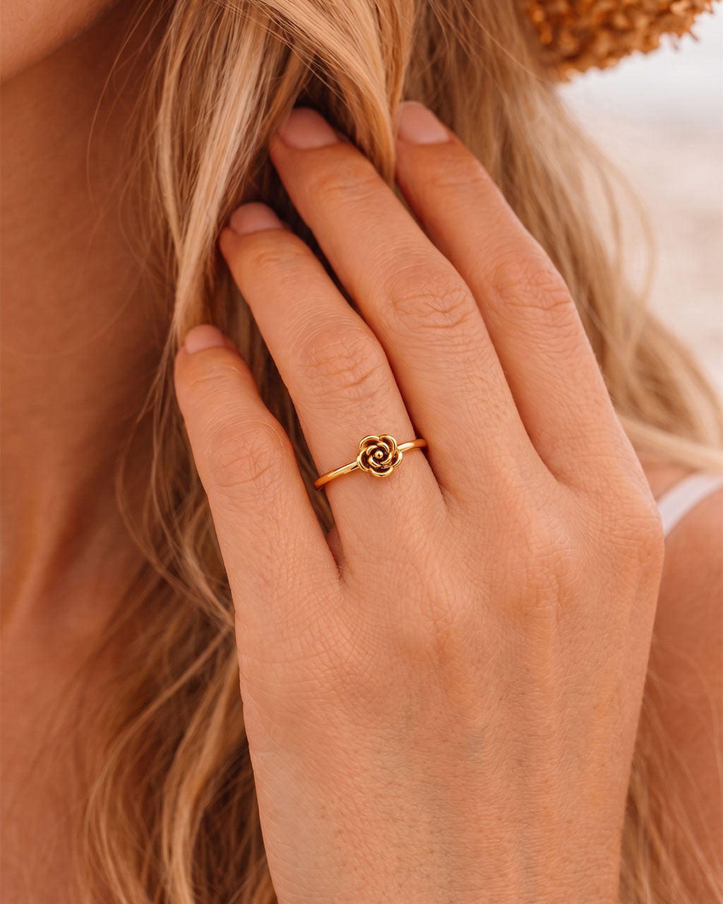 Dainty Rose Flower Slim Band Waterproof Gold Ring