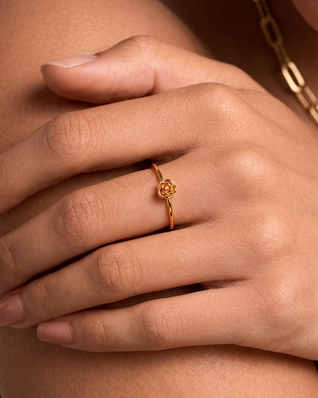 Dainty Rose Flower Slim Band Waterproof Gold Ring