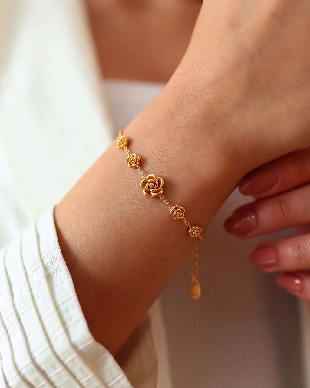 Dainty Rose Flower Station Waterproof Gold Bracelet
