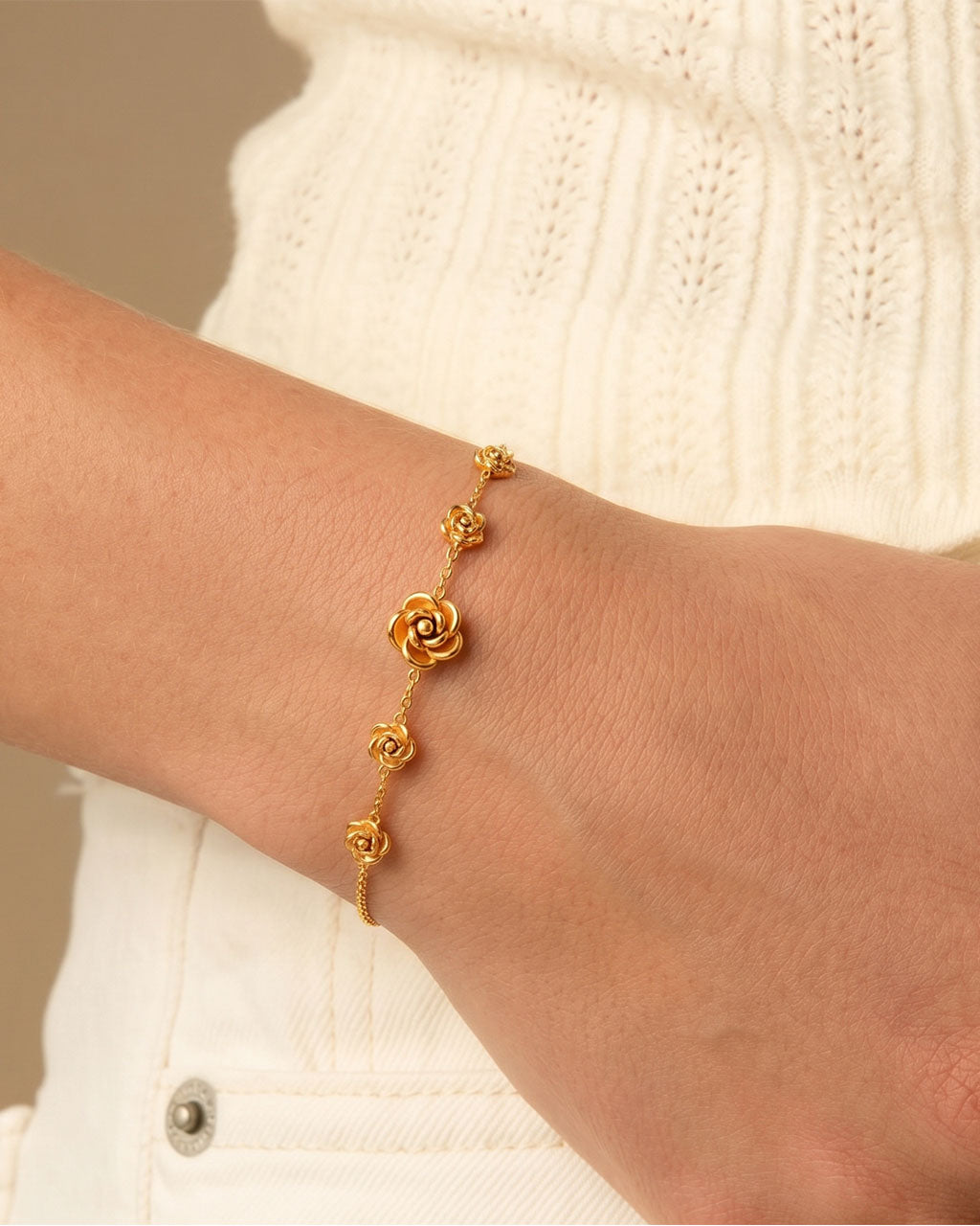 Dainty Rose Flower Station Waterproof Gold Bracelet