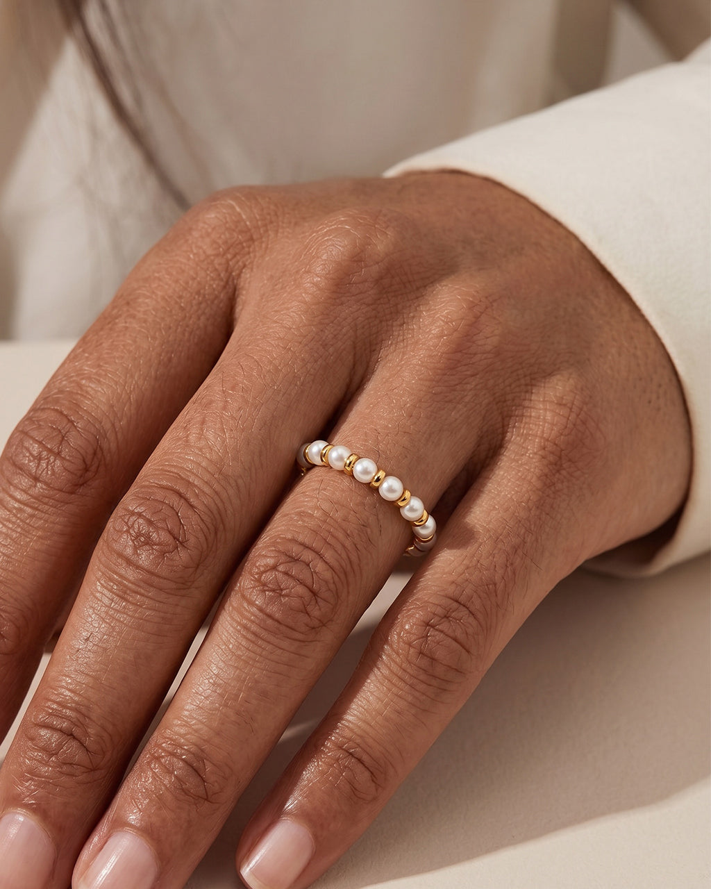 Dainty Spinning Pearl Beaded Waterproof Gold Ring