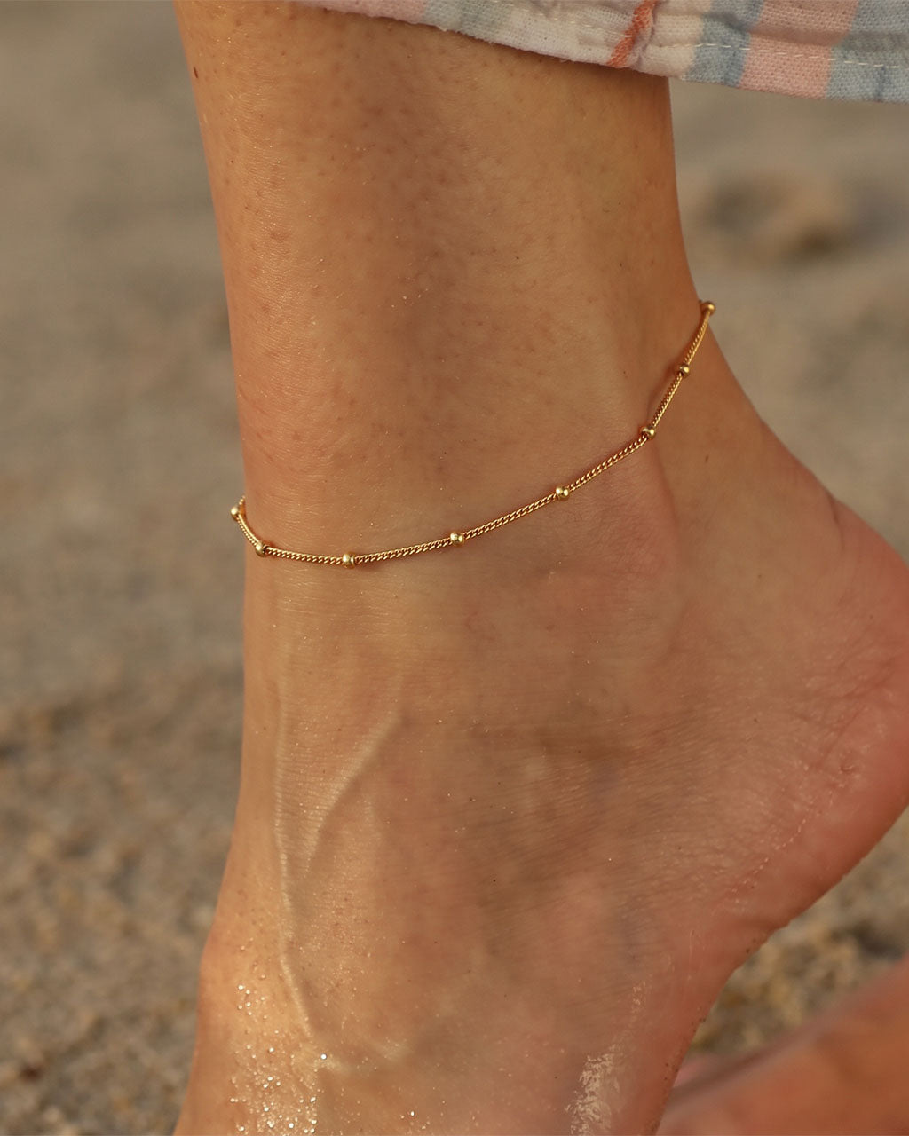 Dainty Station Beaded Chain Waterproof Gold Anklet