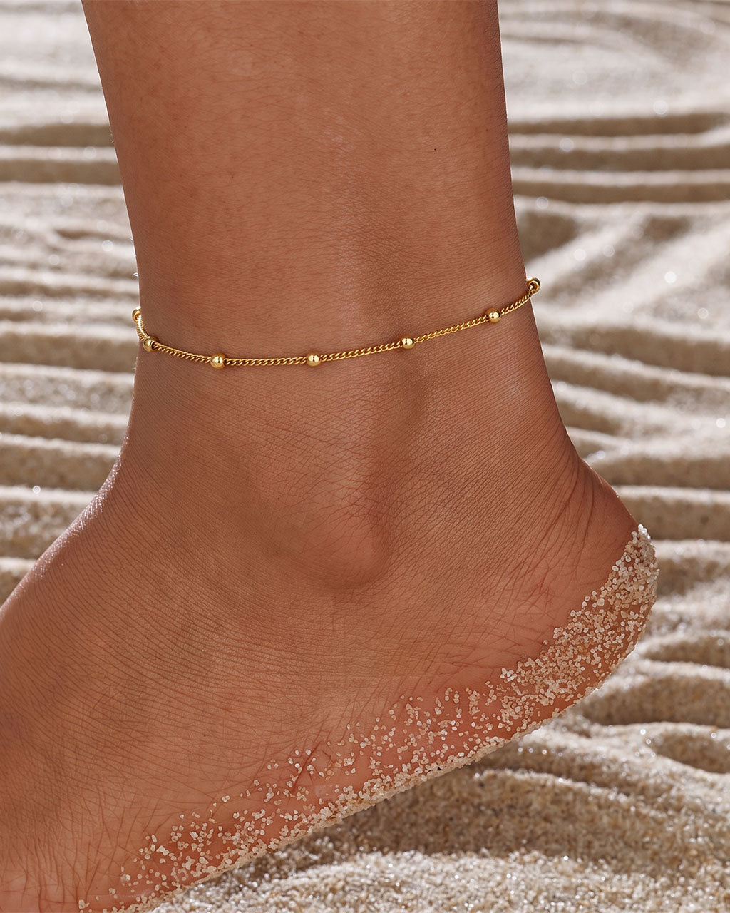 Dainty Station Beaded Chain Waterproof Gold Anklet