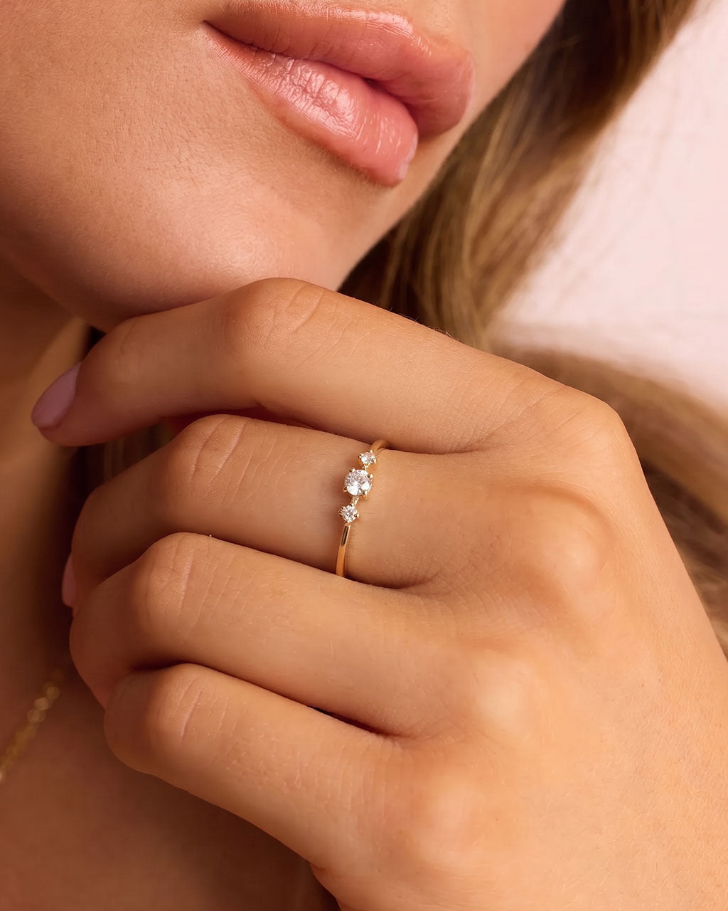 Dainty Three Stone Slim Band Waterproof Gold Ring