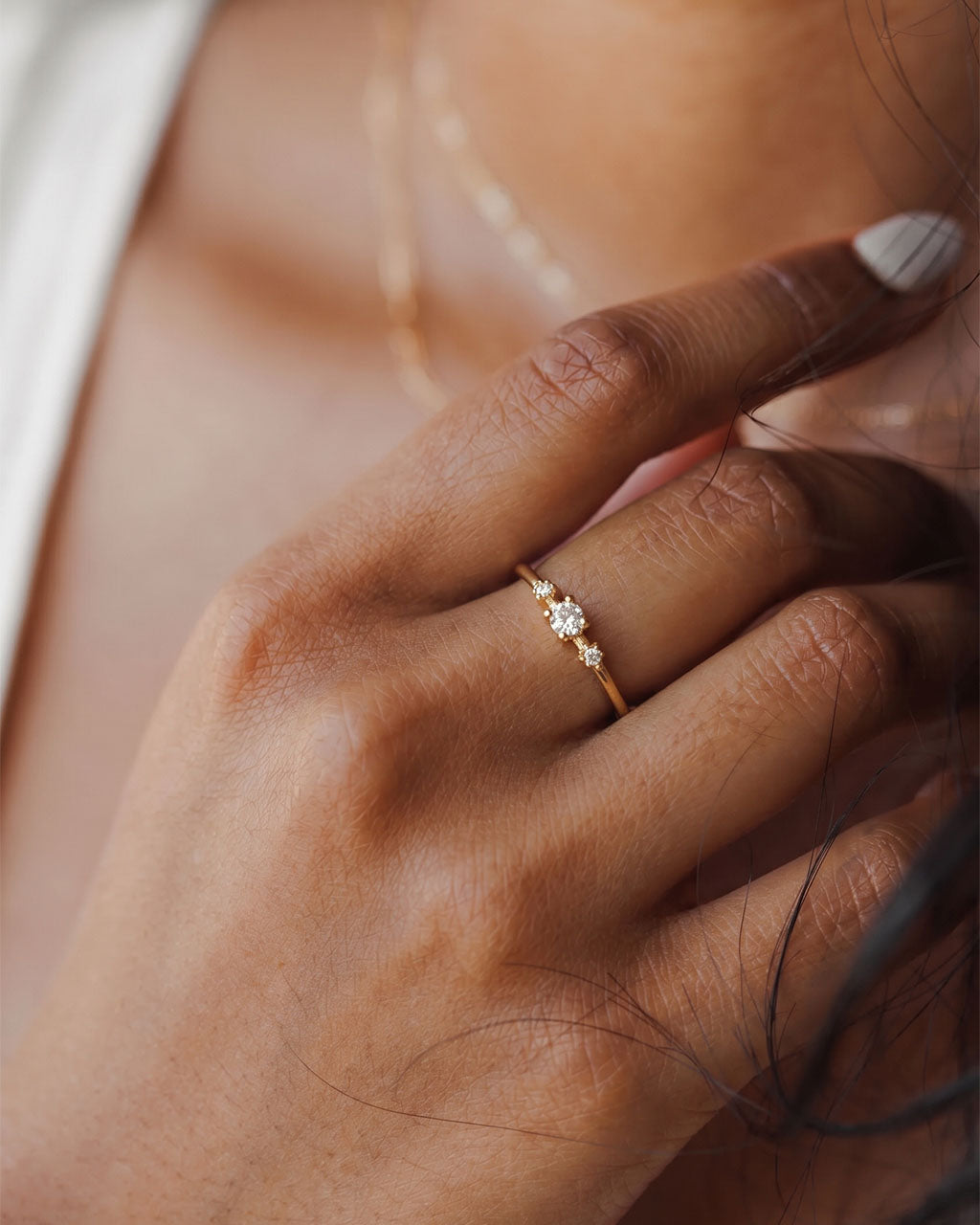 Dainty Three Stone Slim Band Waterproof Gold Ring