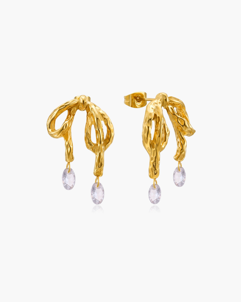 Dangle Solitaire Bow Stud Waterproof Gold Earrings