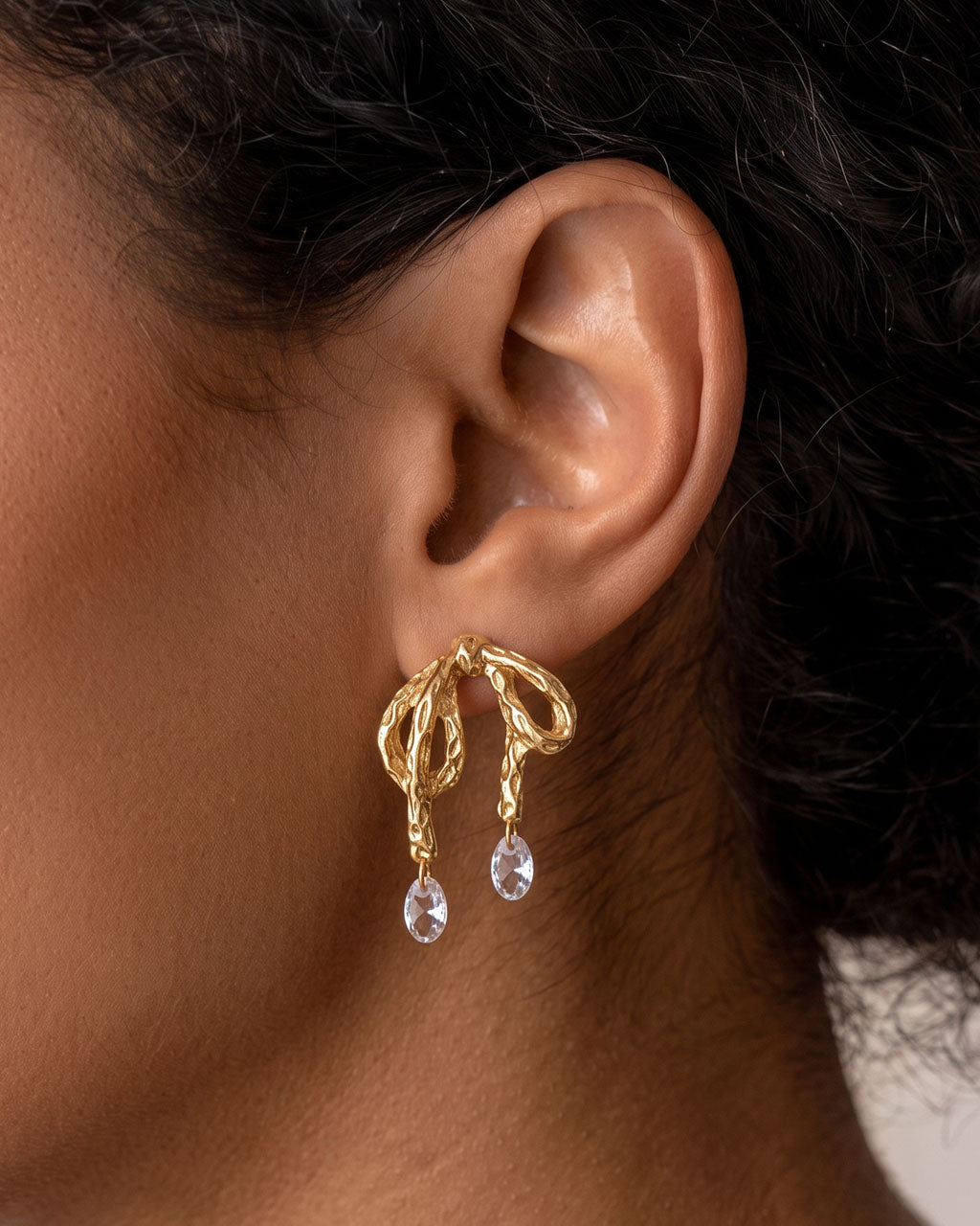 Dangle Solitaire Bow Stud Waterproof Gold Earrings