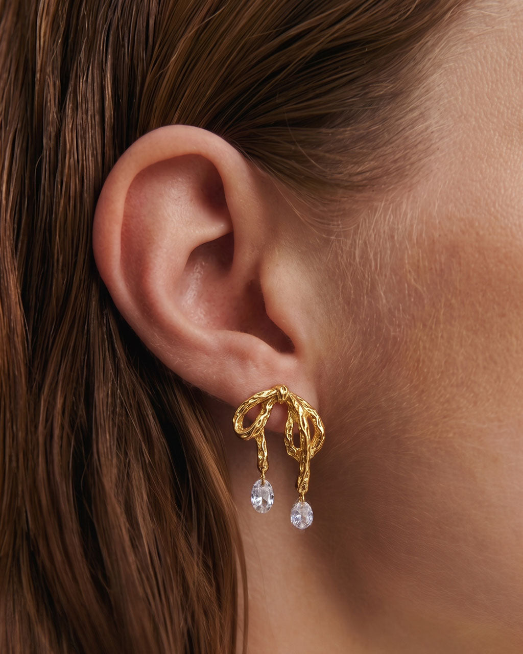 Dangle Solitaire Bow Stud Waterproof Gold Earrings