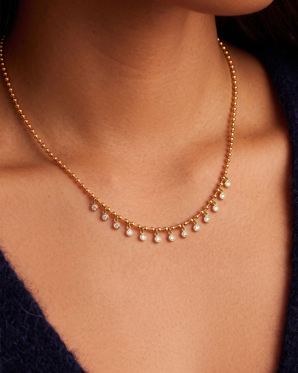 Dangling Bezel Stone Beaded Waterproof Gold Necklace
