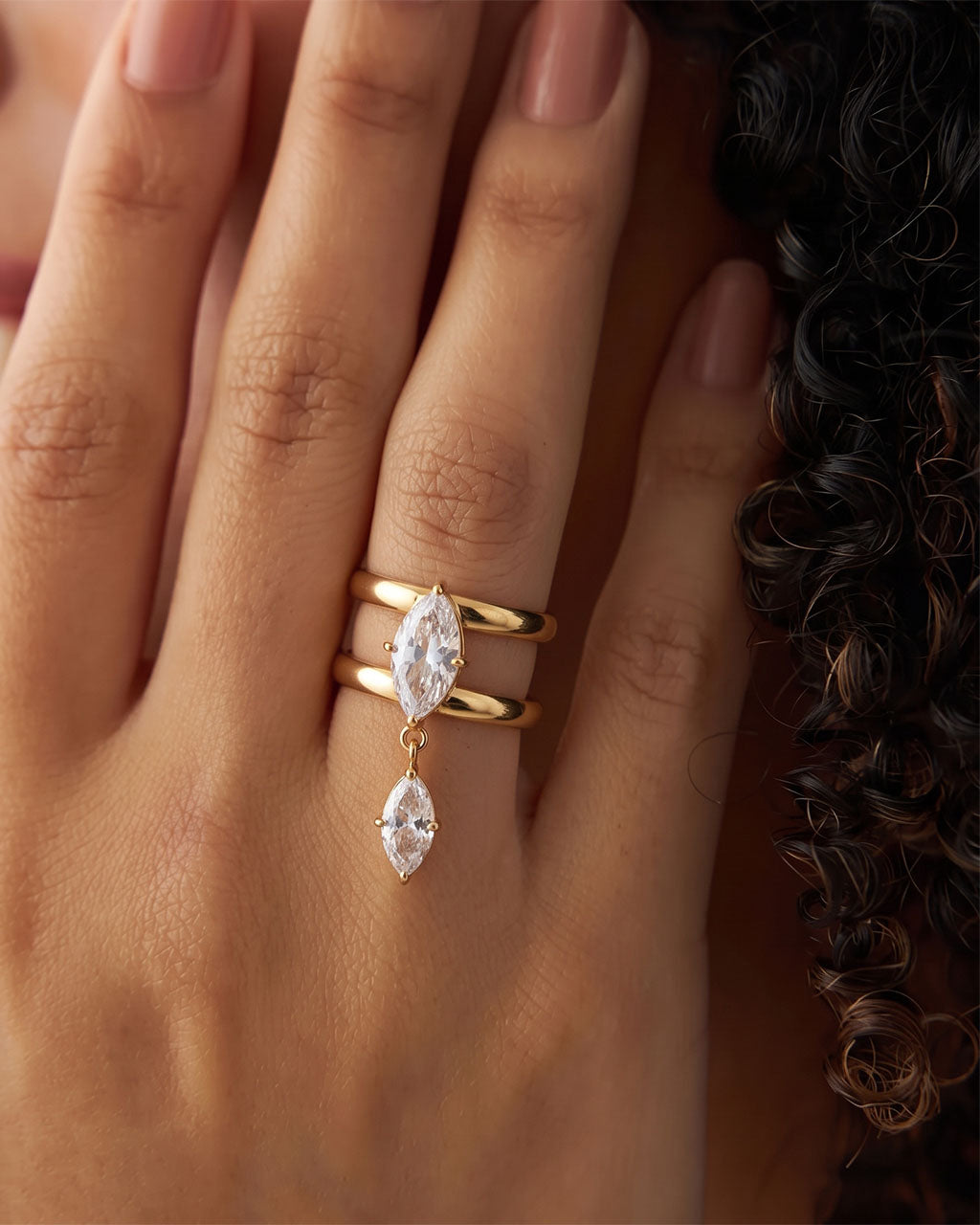 Dangling Marquise Double Row Band Waterproof Gold Ring