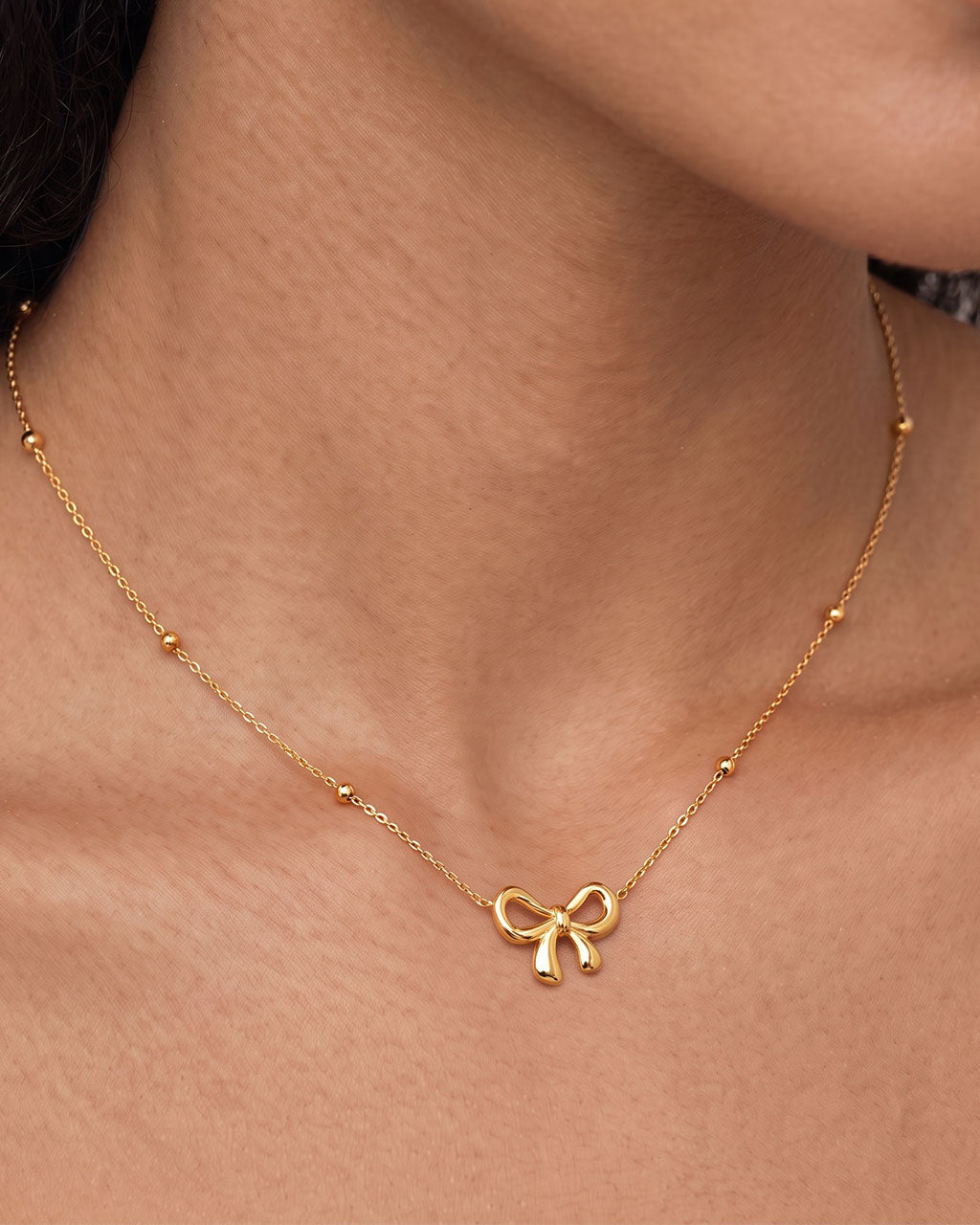 Delicate Ribbon Bow Beaded Waterproof Gold Necklace