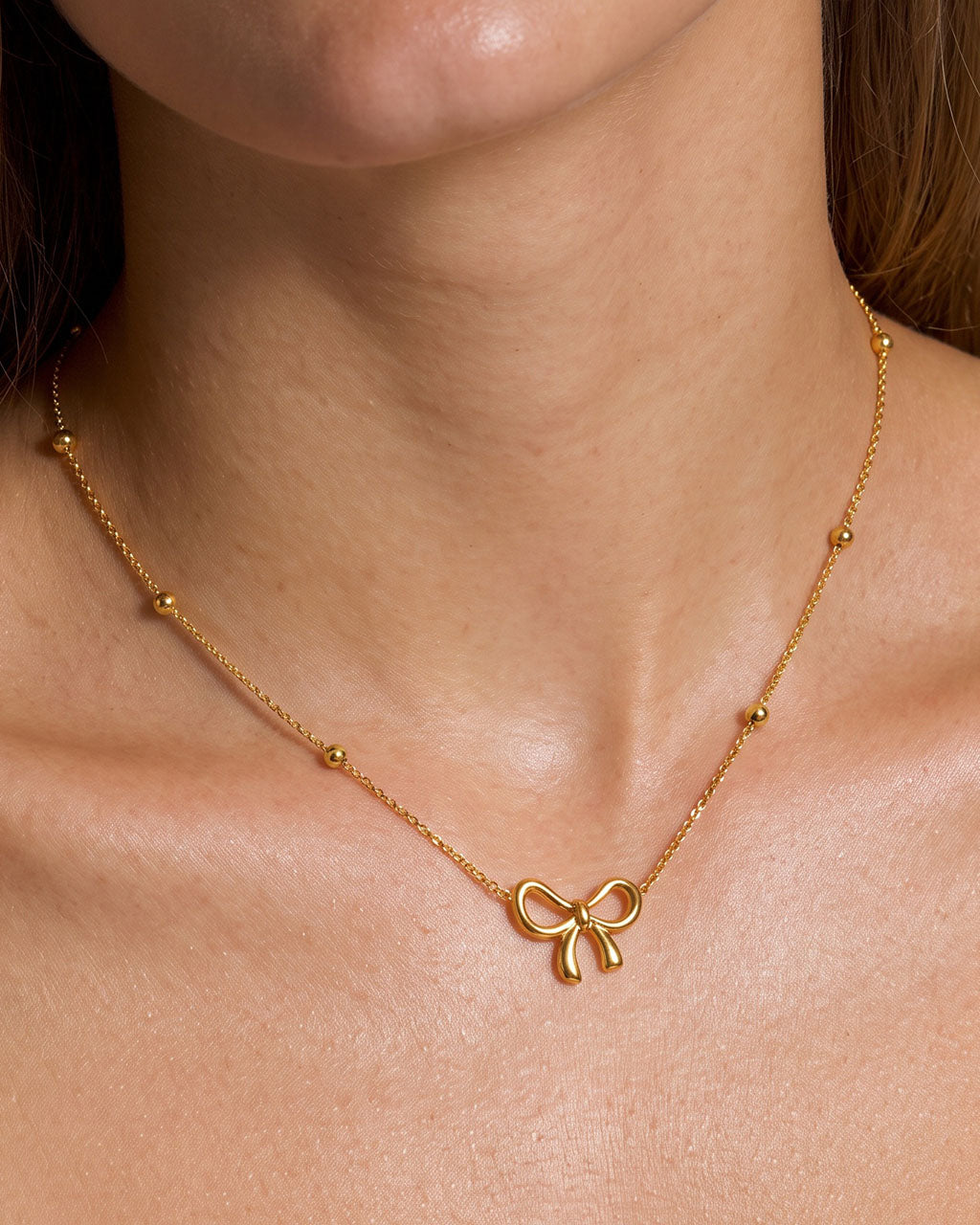 Delicate Ribbon Bow Beaded Waterproof Gold Necklace