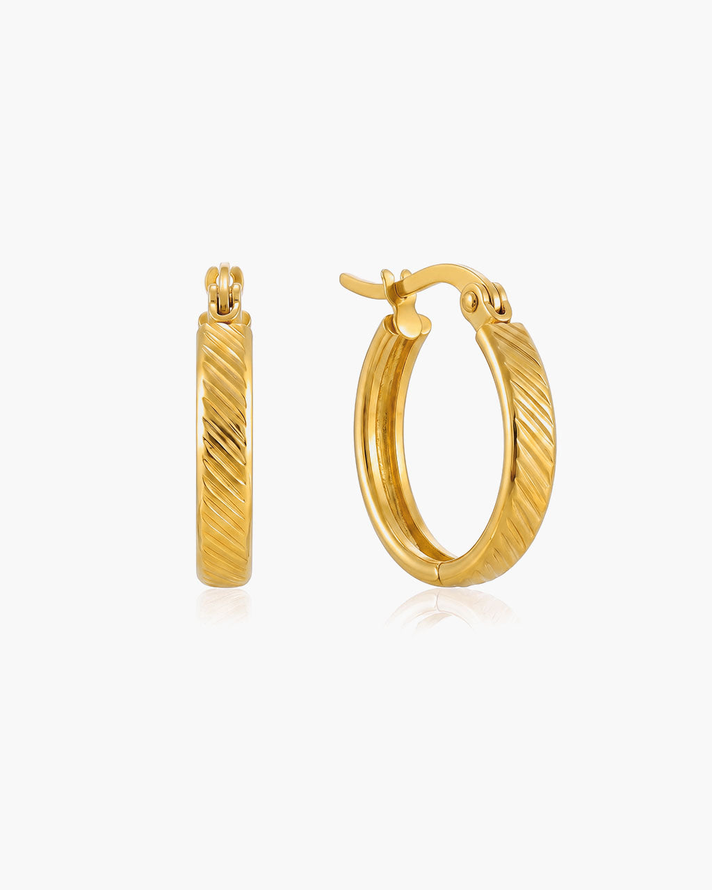 Diagonal Ridged Flat Hoop Waterproof Gold Earrings
