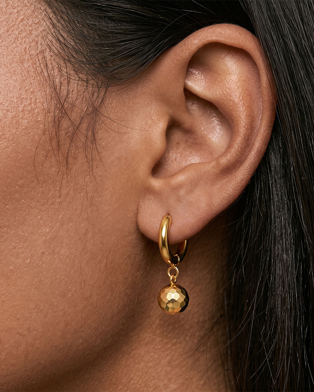Diamond Cut Ball Drop Huggie Waterproof Gold Earrings