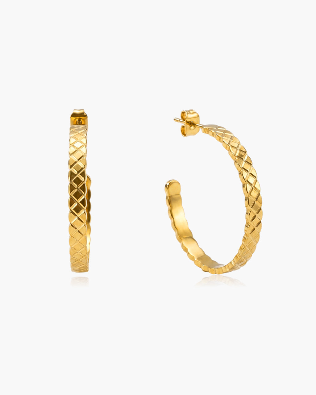 Diamond Cut Large C Hoop Stud Waterproof Gold Earrings
