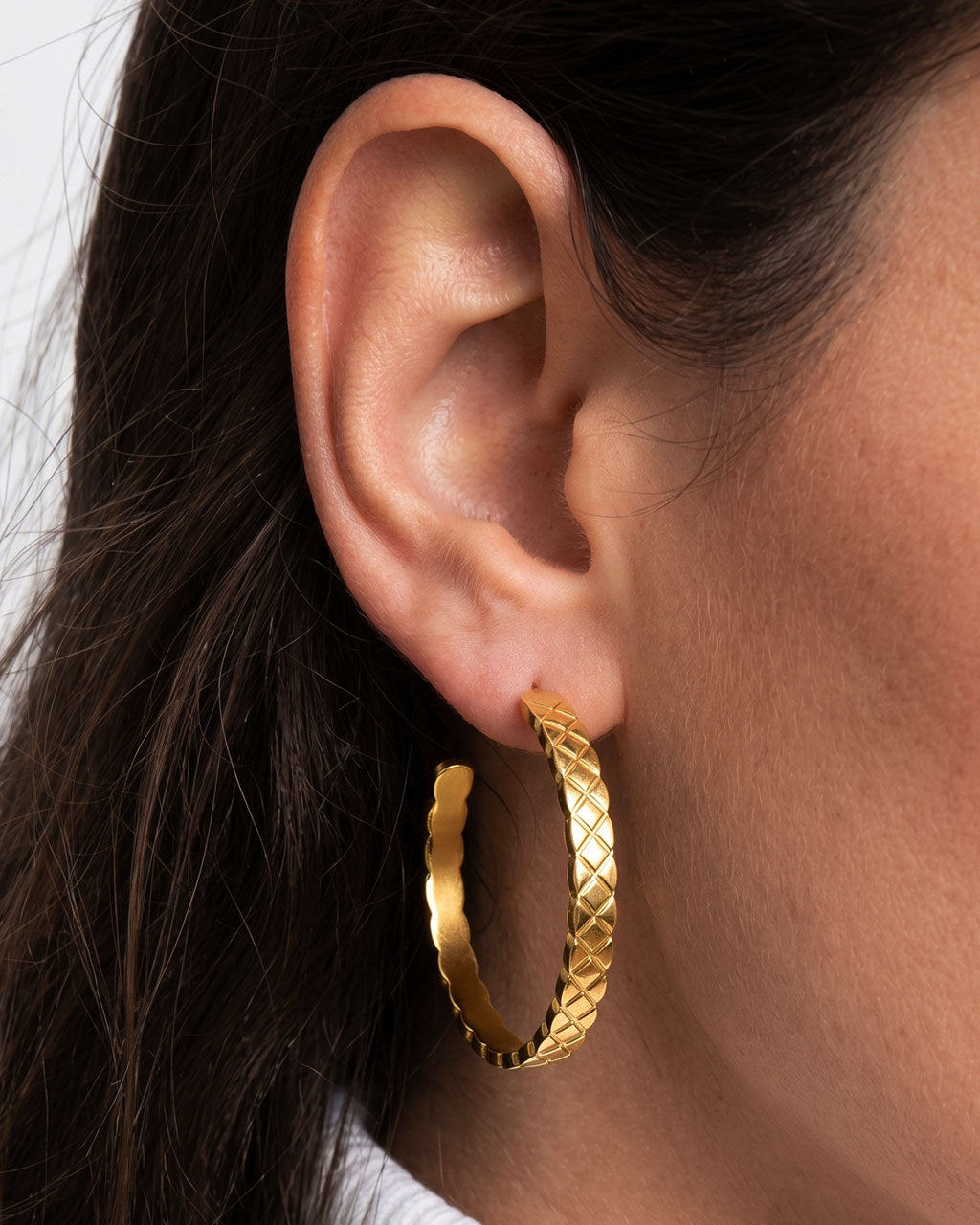 Diamond Cut Large C Hoop Stud Waterproof Gold Earrings