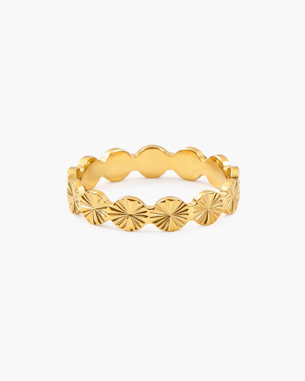 Diamond Cut Sunburst Disc Band Waterproof Gold Ring