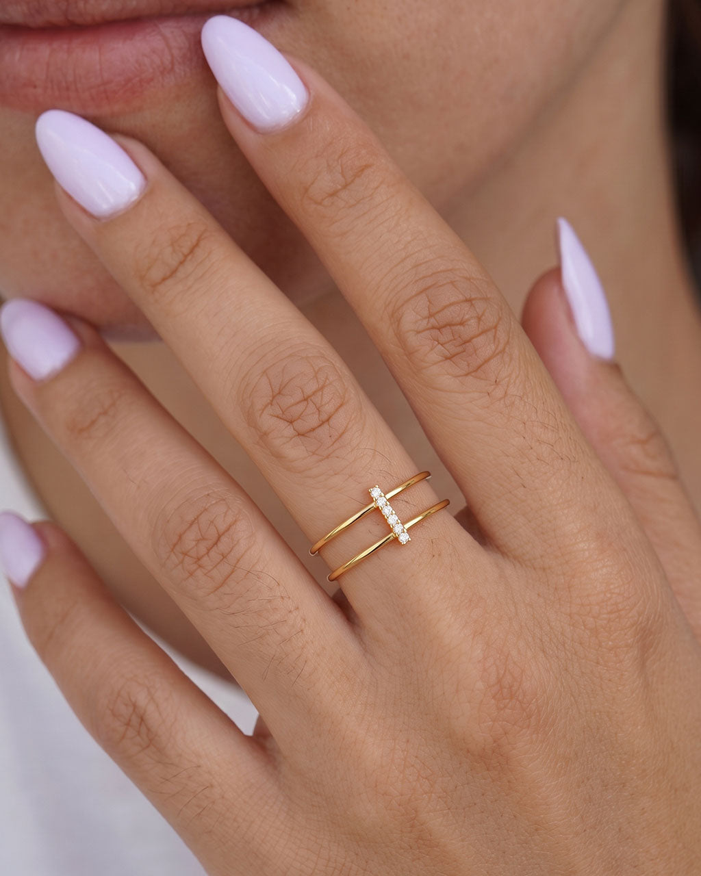 Distinctive Pavé Bar Double Band Waterproof Gold Ring
