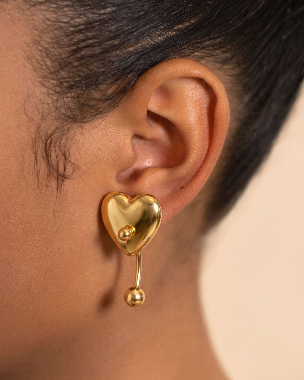 Double Ball Chunky Heart Stud Waterproof Gold Earrings