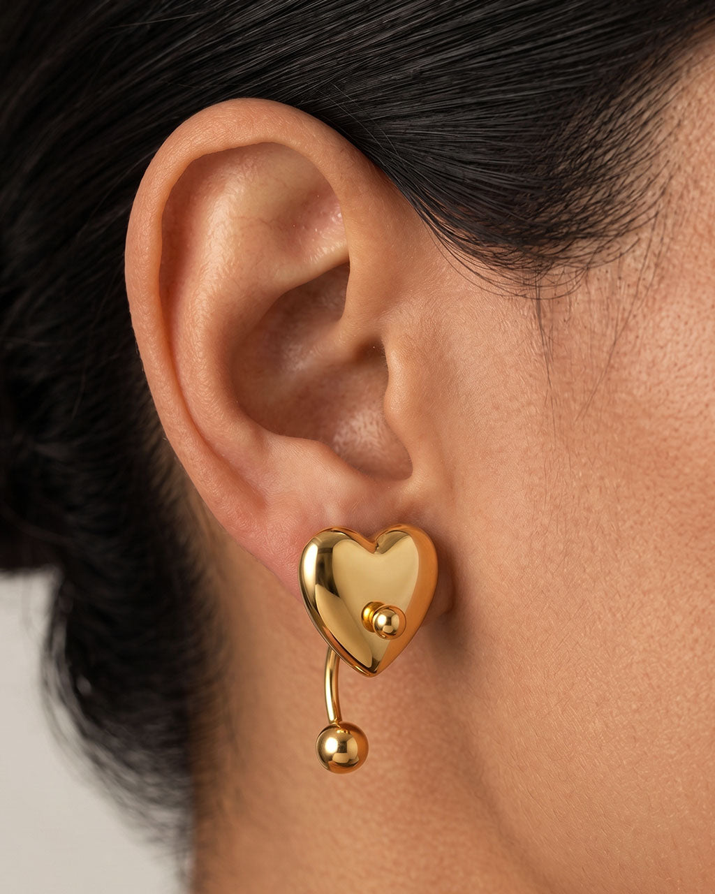 Double Ball Chunky Heart Stud Waterproof Gold Earrings