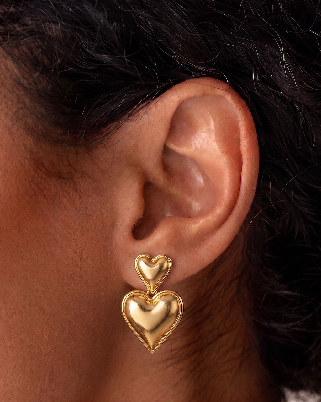 Double Heart Statement Drop Waterproof Gold Earrings