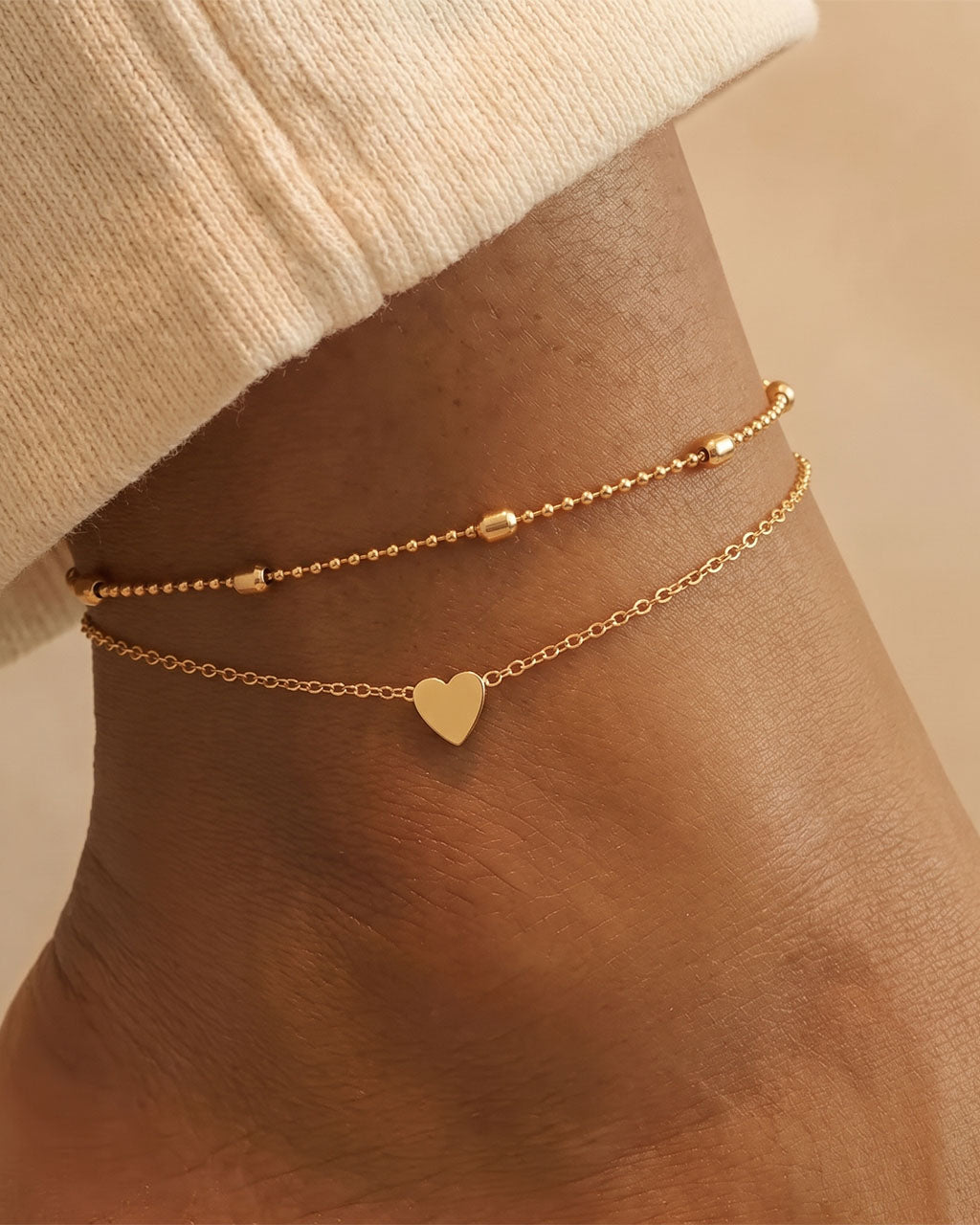 Double Layered Beaded Heart Waterproof Gold Anklet