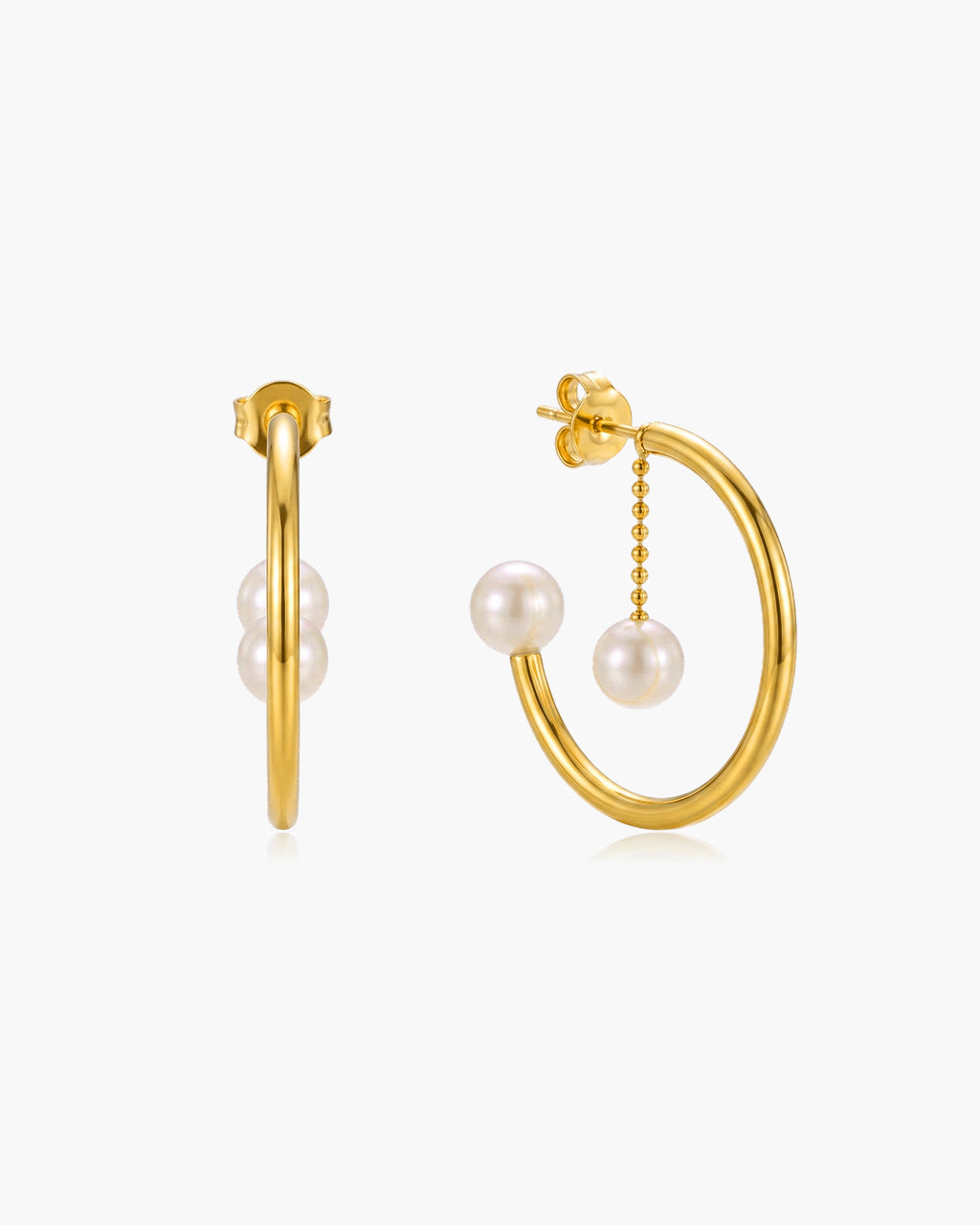 Double Pearl Open C Hoop Waterproof Gold Earrings